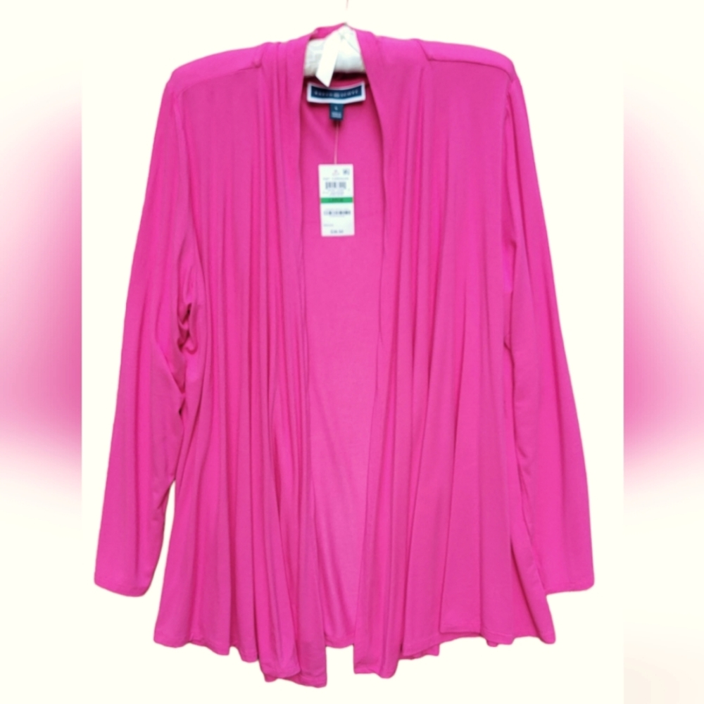 Barbie-pink long-sleeve swing jersey cardigan, size L.